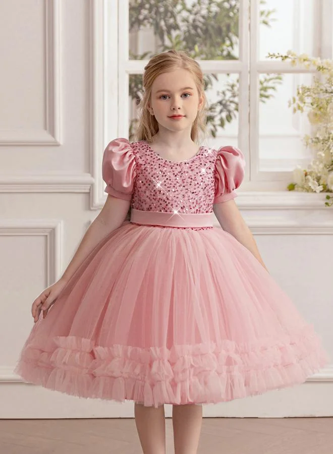 Take Two  Girls Pink Sequin Puff Sleeve Ruffles Hem Dress for Women | Best Price UAE